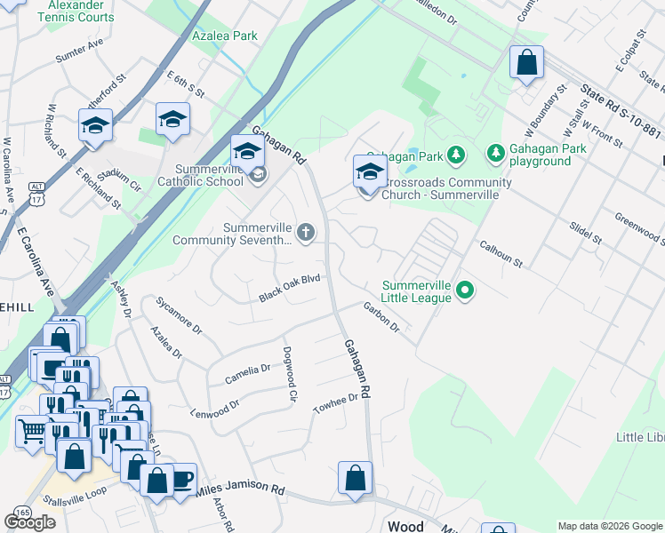 map of restaurants, bars, coffee shops, grocery stores, and more near 124 Evesham Drive in Summerville