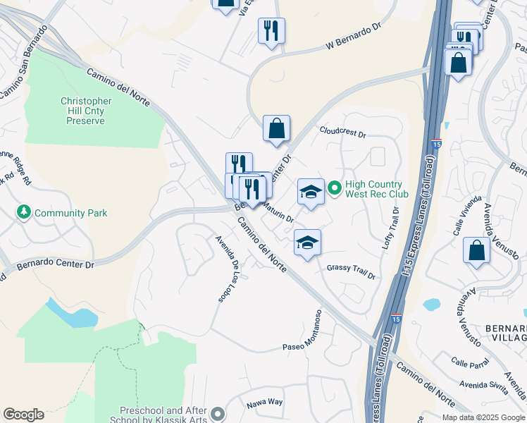 map of restaurants, bars, coffee shops, grocery stores, and more near 15263 Maturin Drive in San Diego
