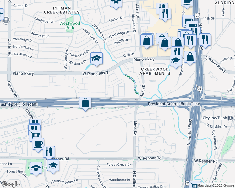 map of restaurants, bars, coffee shops, grocery stores, and more near 1417 West President George Bush Highway in Plano