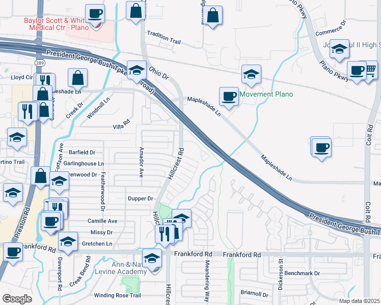map of restaurants, bars, coffee shops, grocery stores, and more near 6907 Maple Creek Lane in Dallas