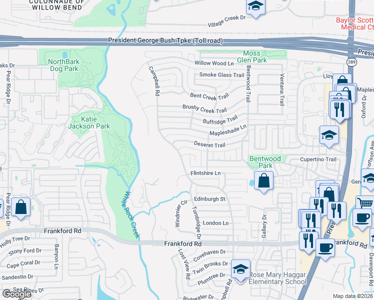 map of restaurants, bars, coffee shops, grocery stores, and more near 18864 Campbell Road in Dallas