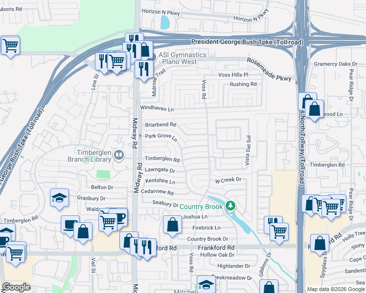 map of restaurants, bars, coffee shops, grocery stores, and more near 18639 Park Grove Lane in Dallas