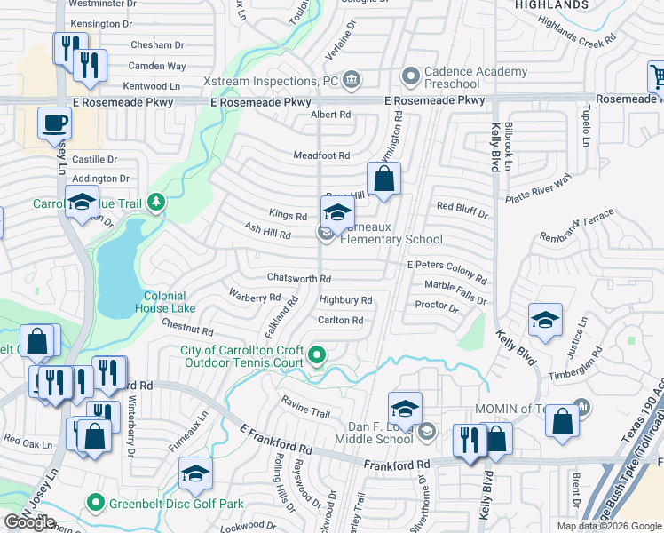 map of restaurants, bars, coffee shops, grocery stores, and more near 2043 Chatsworth Road in Carrollton