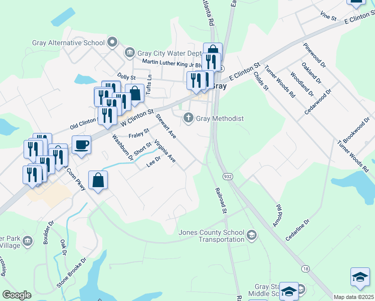map of restaurants, bars, coffee shops, grocery stores, and more near 125 Stewart Avenue in Gray