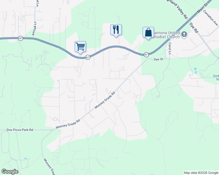 map of restaurants, bars, coffee shops, grocery stores, and more near 15818 Mussey Grade Road in Ramona