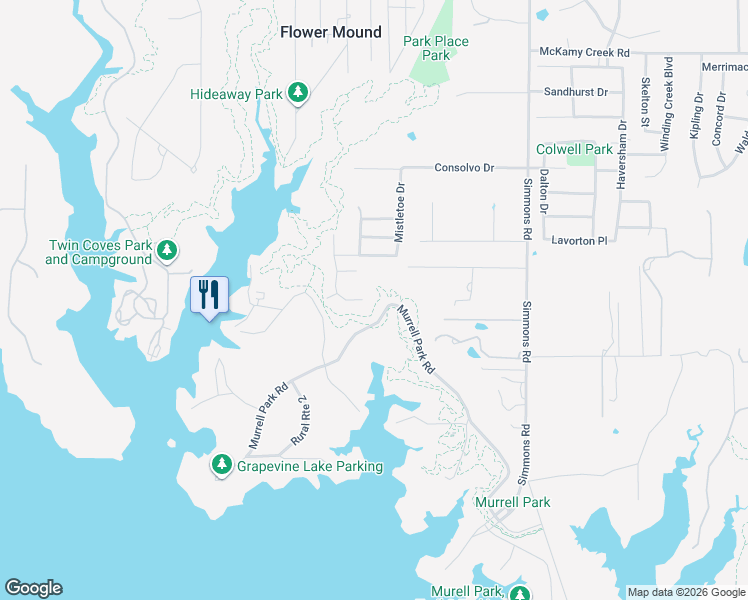 map of restaurants, bars, coffee shops, grocery stores, and more near Northshore Trail in Flower Mound