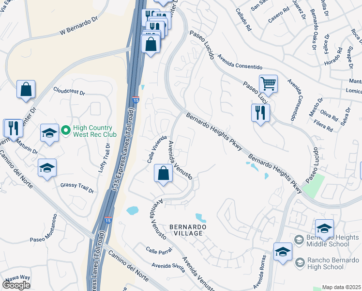 map of restaurants, bars, coffee shops, grocery stores, and more near 16061 Avenida Venusto in San Diego