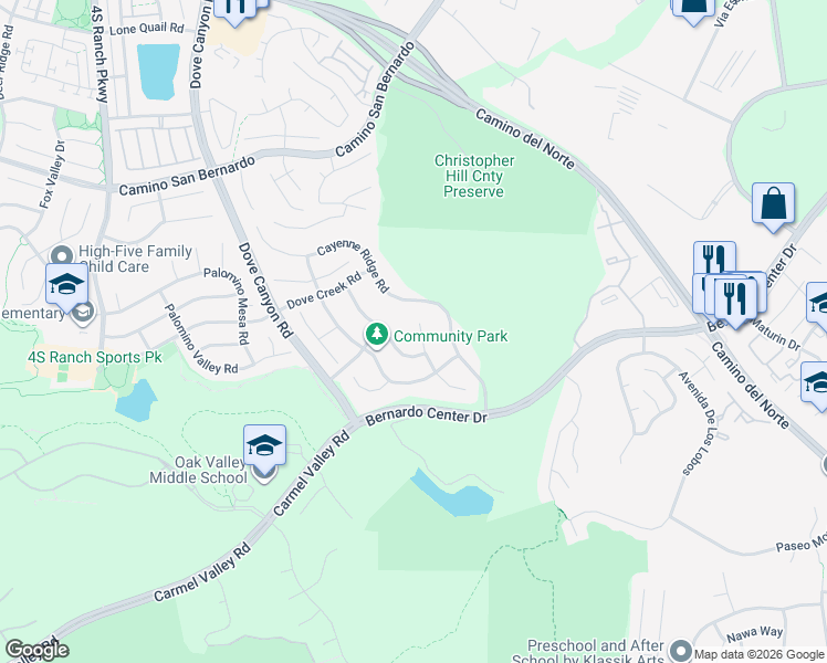 map of restaurants, bars, coffee shops, grocery stores, and more near 15350 Falcon Crest Court in San Diego