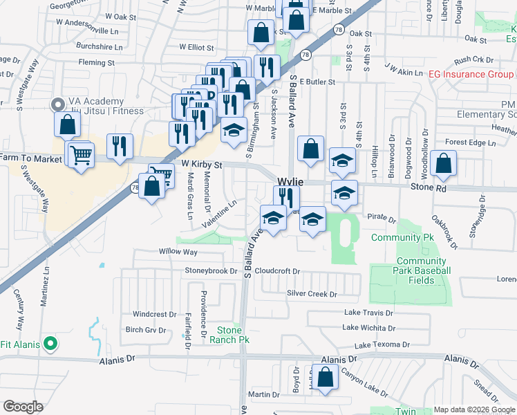 map of restaurants, bars, coffee shops, grocery stores, and more near 525 Stone Circle in Wylie