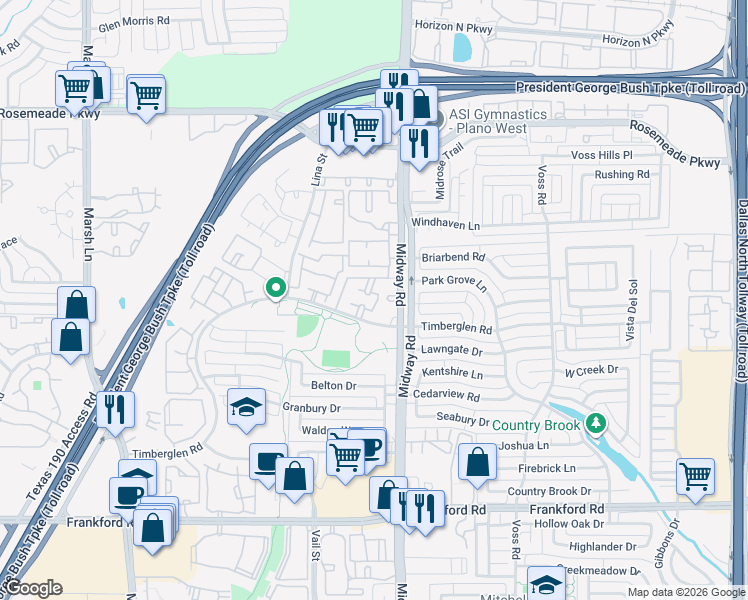 map of restaurants, bars, coffee shops, grocery stores, and more near 18625 Midway Road in Dallas