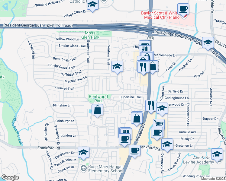 map of restaurants, bars, coffee shops, grocery stores, and more near Fieldstone Drive in Dallas