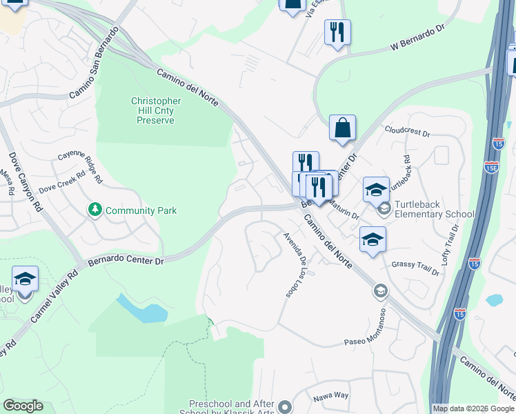 map of restaurants, bars, coffee shops, grocery stores, and more near 15640 Bernardo Center Drive in San Diego