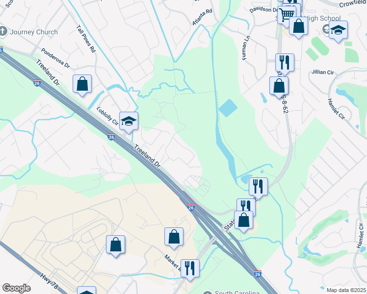 map of restaurants, bars, coffee shops, grocery stores, and more near 651 Treeland Drive in Ladson