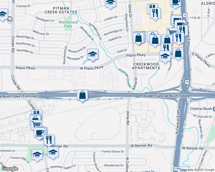 map of restaurants, bars, coffee shops, grocery stores, and more near 410 Bonfield Drive in Plano