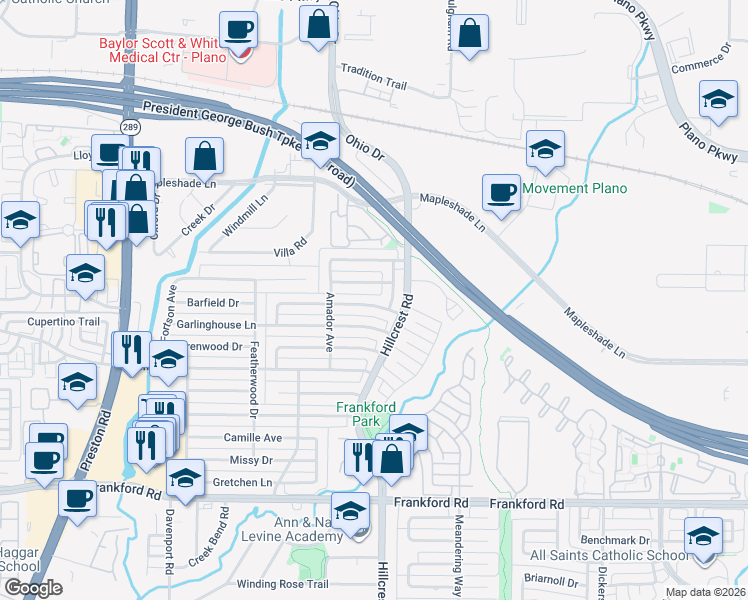 map of restaurants, bars, coffee shops, grocery stores, and more near 6820 Flanary Lane in Dallas