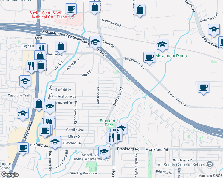map of restaurants, bars, coffee shops, grocery stores, and more near 6820 Flanary Lane in Dallas