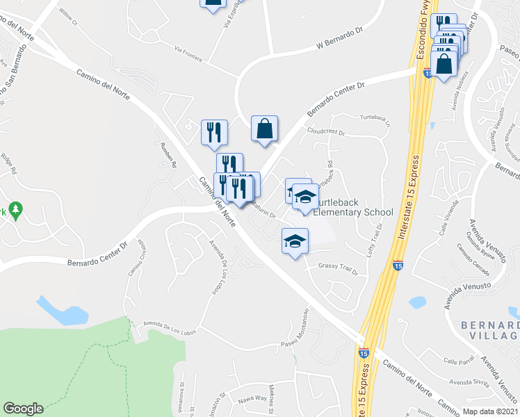 map of restaurants, bars, coffee shops, grocery stores, and more near Maturin Dr & Windrose Way in San Diego