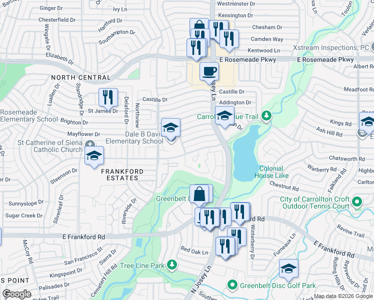 map of restaurants, bars, coffee shops, grocery stores, and more near 1820 East Peters Colony Road in Carrollton