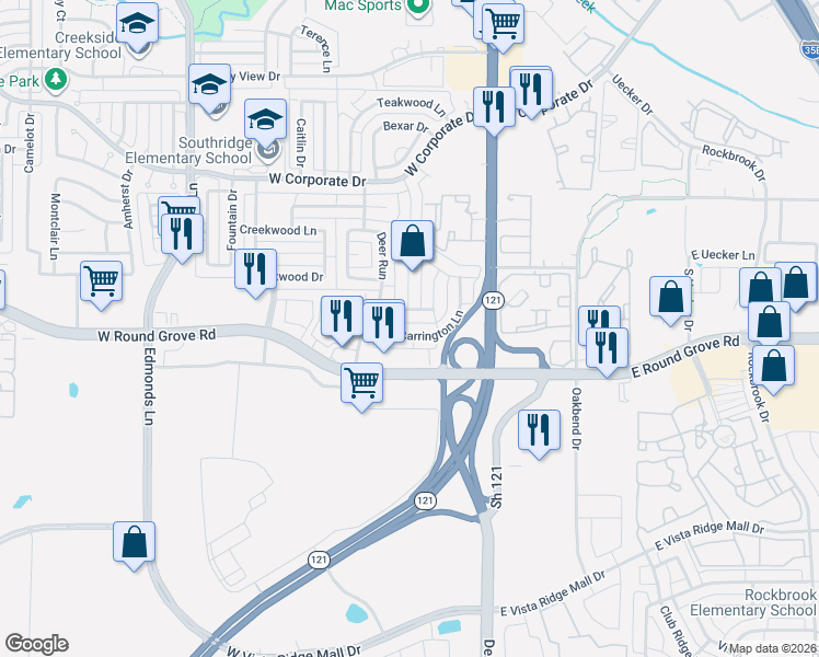 map of restaurants, bars, coffee shops, grocery stores, and more near 226 Carrington Lane in Lewisville