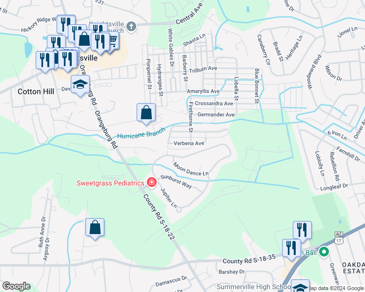 map of restaurants, bars, coffee shops, grocery stores, and more near 413 Verbena Avenue in Summerville