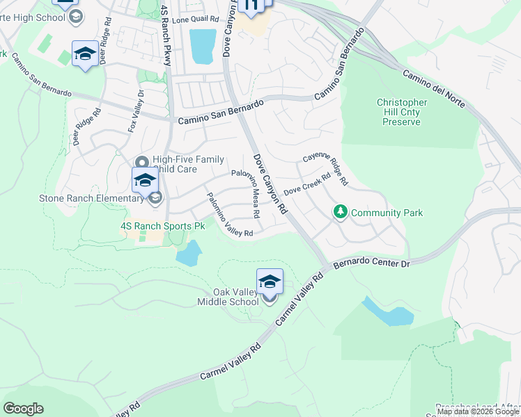 map of restaurants, bars, coffee shops, grocery stores, and more near 16112 Palomino Valley Court in San Diego