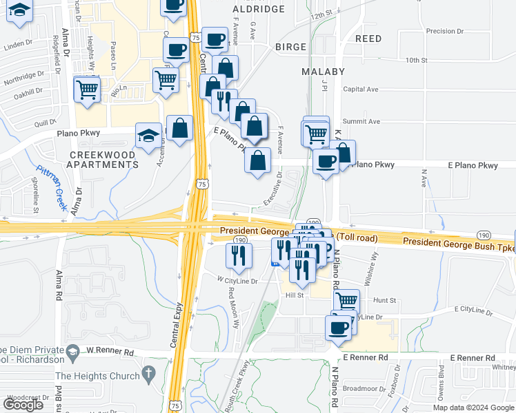 map of restaurants, bars, coffee shops, grocery stores, and more near 681 Executive Drive in Plano