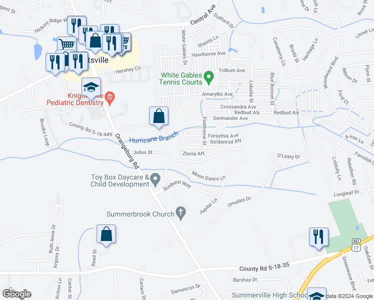 map of restaurants, bars, coffee shops, grocery stores, and more near 429 Verbena Avenue in Summerville