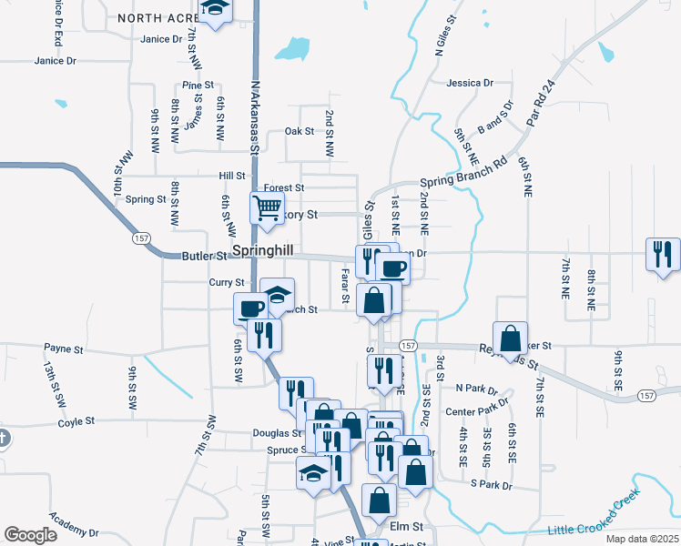 map of restaurants, bars, coffee shops, grocery stores, and more near 107 2nd Street Northwest in Springhill