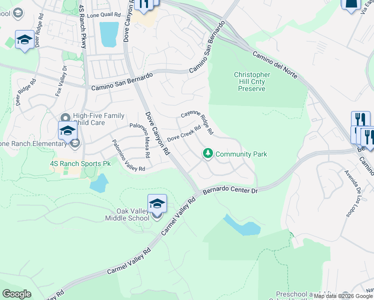 map of restaurants, bars, coffee shops, grocery stores, and more near 16124 Cayenne Creek Road in San Diego