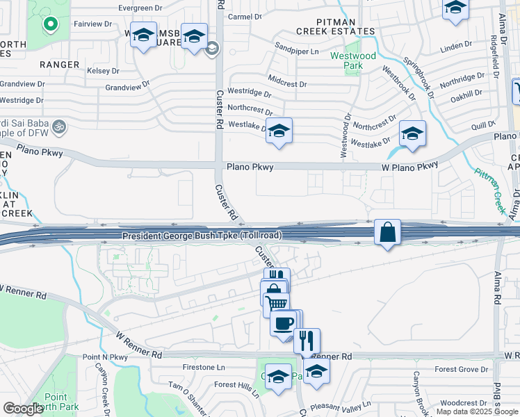 map of restaurants, bars, coffee shops, grocery stores, and more near in Plano
