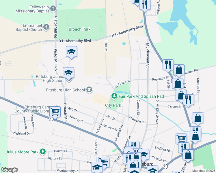 map of restaurants, bars, coffee shops, grocery stores, and more near 300 North Texas Street in Pittsburg