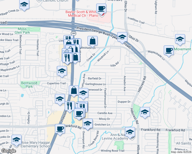 map of restaurants, bars, coffee shops, grocery stores, and more near 6428 Barfield Drive in Dallas