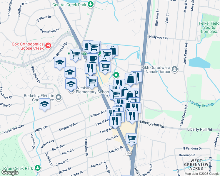 map of restaurants, bars, coffee shops, grocery stores, and more near 202 Saint James Avenue in Goose Creek
