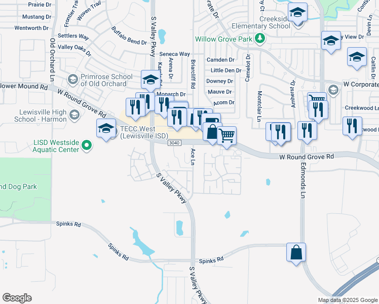 map of restaurants, bars, coffee shops, grocery stores, and more near 2400-2598 Ace Lane in Lewisville