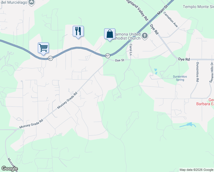 map of restaurants, bars, coffee shops, grocery stores, and more near 15811 Oak Valley Road in Ramona