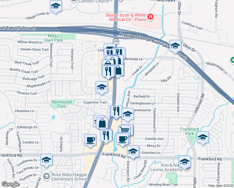 map of restaurants, bars, coffee shops, grocery stores, and more near 18619 Crownover Court in Dallas