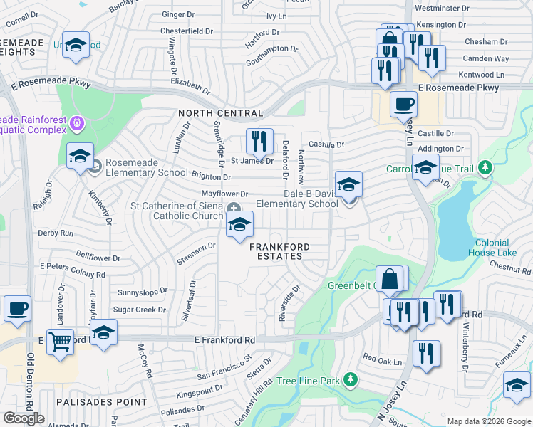 map of restaurants, bars, coffee shops, grocery stores, and more near 3201 Cutler Place in Carrollton