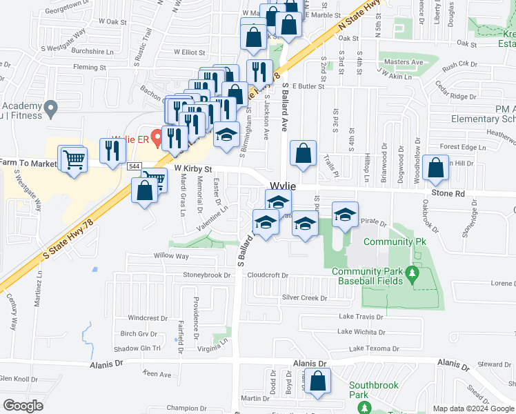 map of restaurants, bars, coffee shops, grocery stores, and more near 517 Stone Circle in Wylie