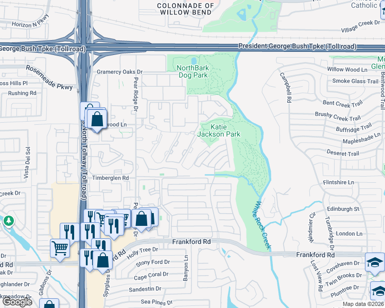 map of restaurants, bars, coffee shops, grocery stores, and more near 5050 Haverwood Lane in Dallas