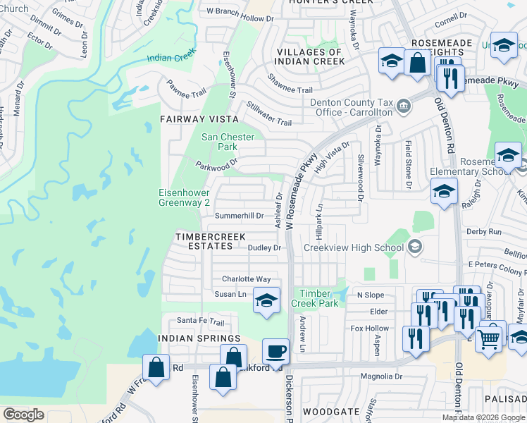 map of restaurants, bars, coffee shops, grocery stores, and more near 1400 Mapleview Drive in Carrollton