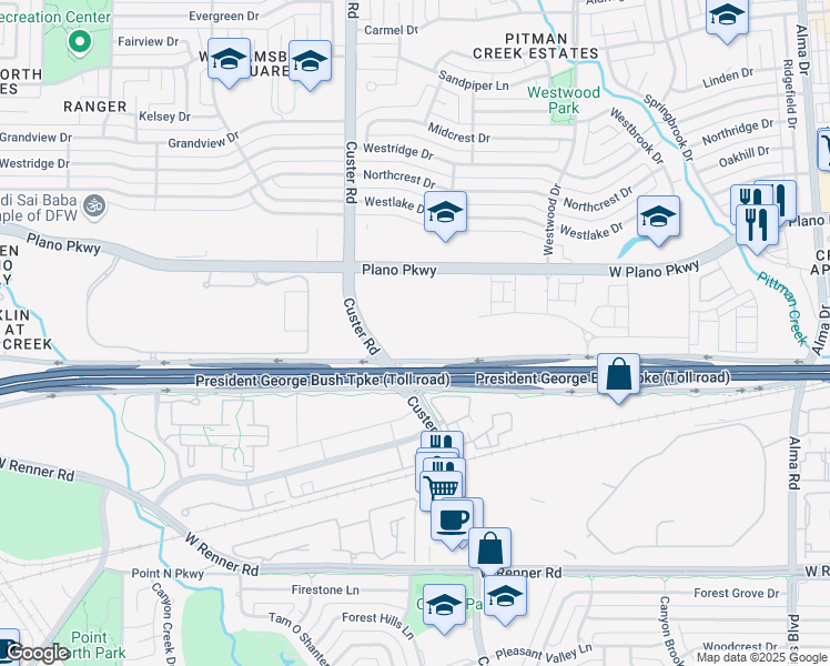 map of restaurants, bars, coffee shops, grocery stores, and more near in Plano