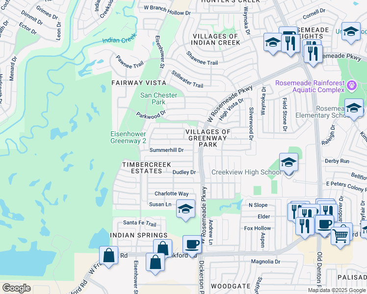 map of restaurants, bars, coffee shops, grocery stores, and more near 1400 Mapleview Drive in Carrollton