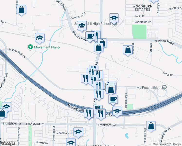 map of restaurants, bars, coffee shops, grocery stores, and more near 437 Coit Road in Plano