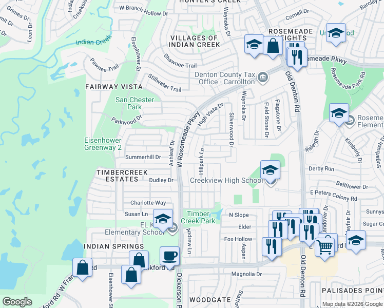 map of restaurants, bars, coffee shops, grocery stores, and more near 3315 Willow Ridge Circle in Carrollton