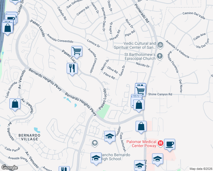 map of restaurants, bars, coffee shops, grocery stores, and more near 12482 Paseo Lucido in San Diego