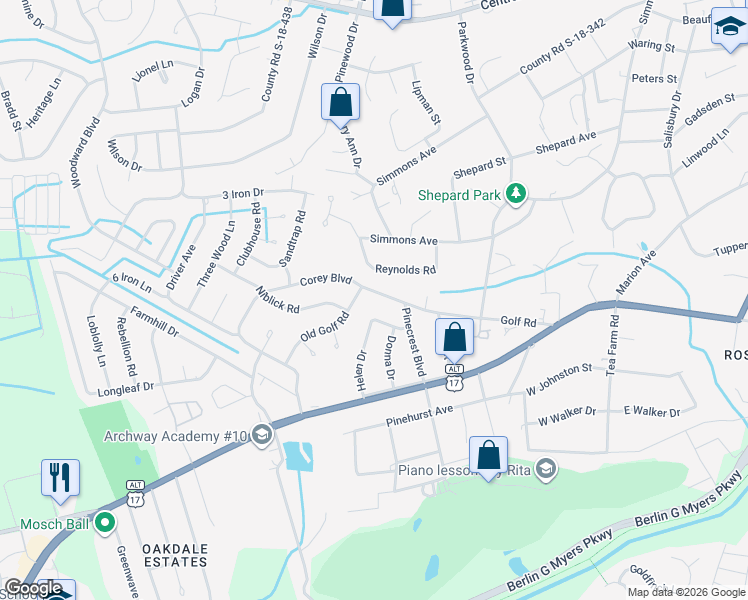 map of restaurants, bars, coffee shops, grocery stores, and more near 124 Helen Drive in Summerville