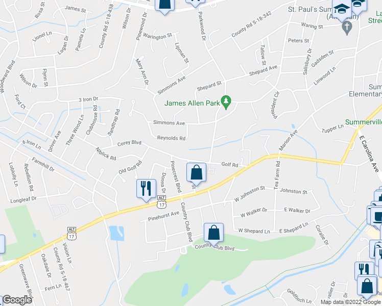 map of restaurants, bars, coffee shops, grocery stores, and more near 317 Golf Road in Summerville