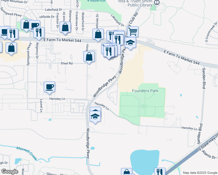 map of restaurants, bars, coffee shops, grocery stores, and more near 514 Woodbridge Parkway in Wylie