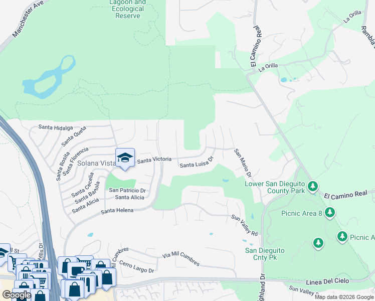 map of restaurants, bars, coffee shops, grocery stores, and more near 1272 Santa Luisa Drive in Solana Beach