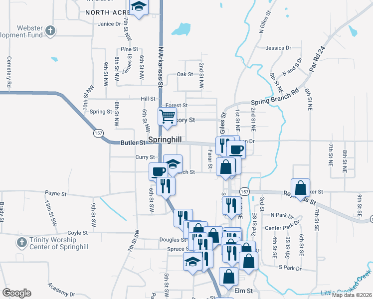 map of restaurants, bars, coffee shops, grocery stores, and more near 106 3rd Street Northwest in Springhill